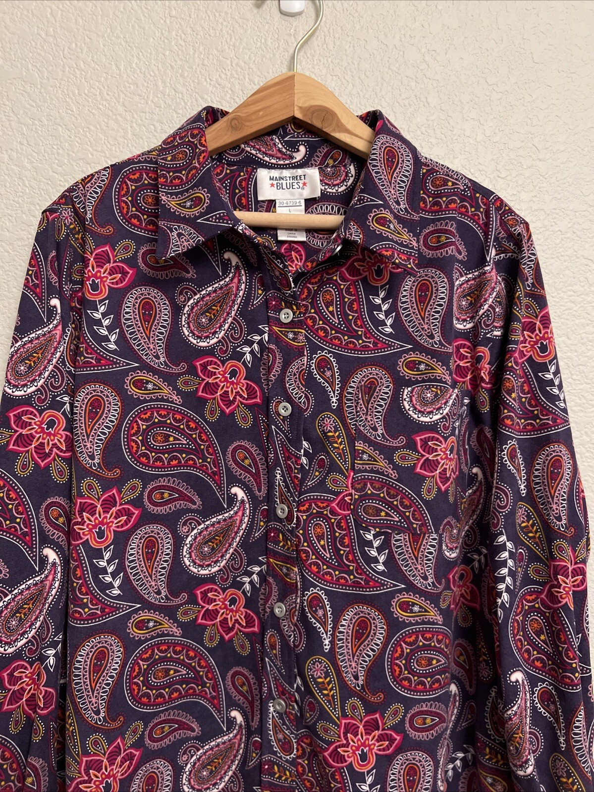 NEW MainStreet Blues Top Blouse Button Down Cottage Art to Wear Colorful L