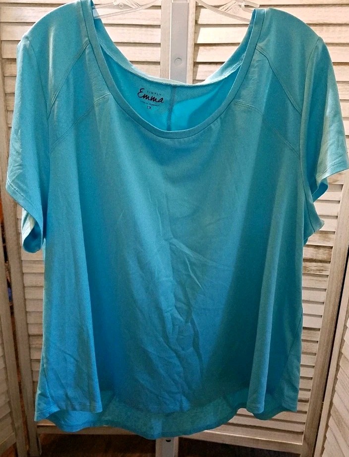 Simply Emma Womens Blouse Plus Size 1X Blue Scoop Neck Short Sleeve Stretch Knit
