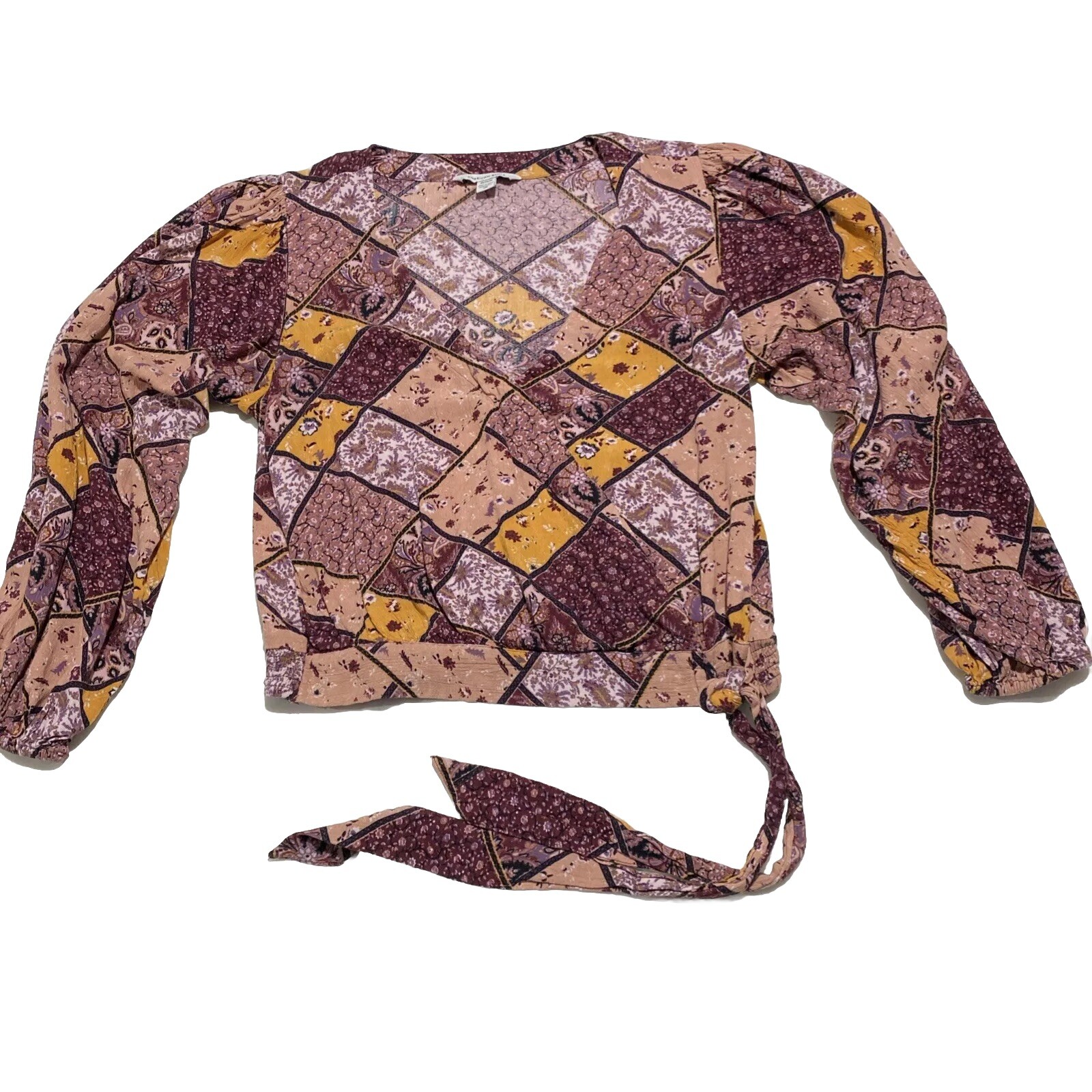 American Eagle Medium Crop Top Puffy Sleeve Wrap Front Tie Boho Cottagecore