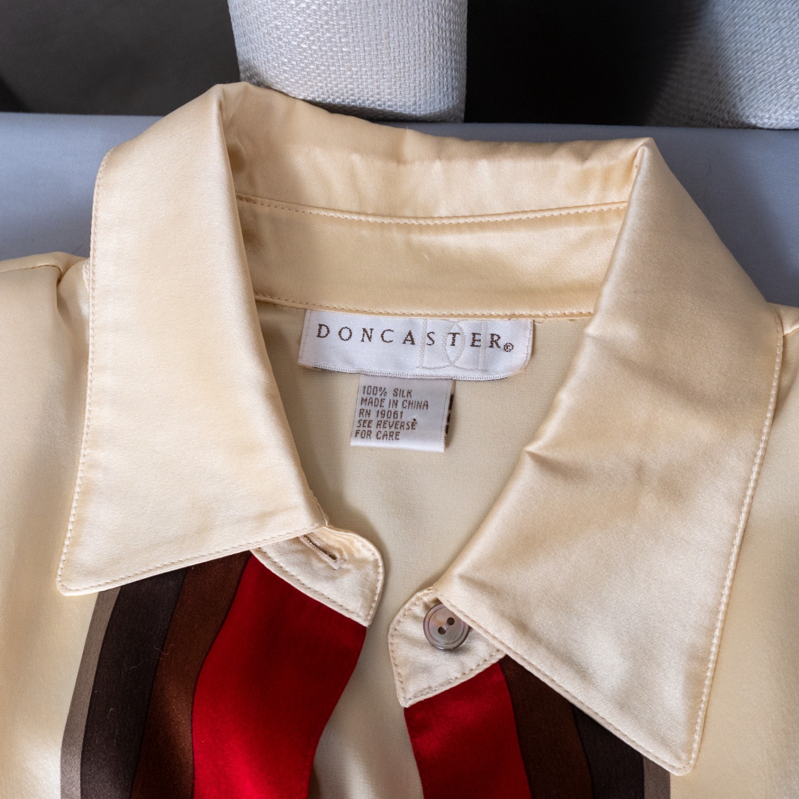 100% Silk Doncasters Women’s Button Up Ivory with Red Accents