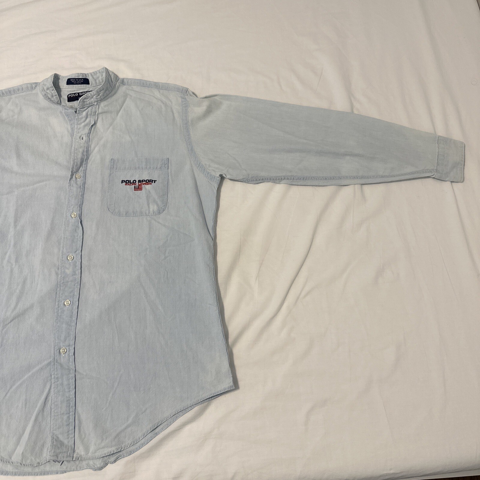 Vintage POLO RALPH LAUREN Sport Spell Out USA Flag Button Shirt 90s Blue XL