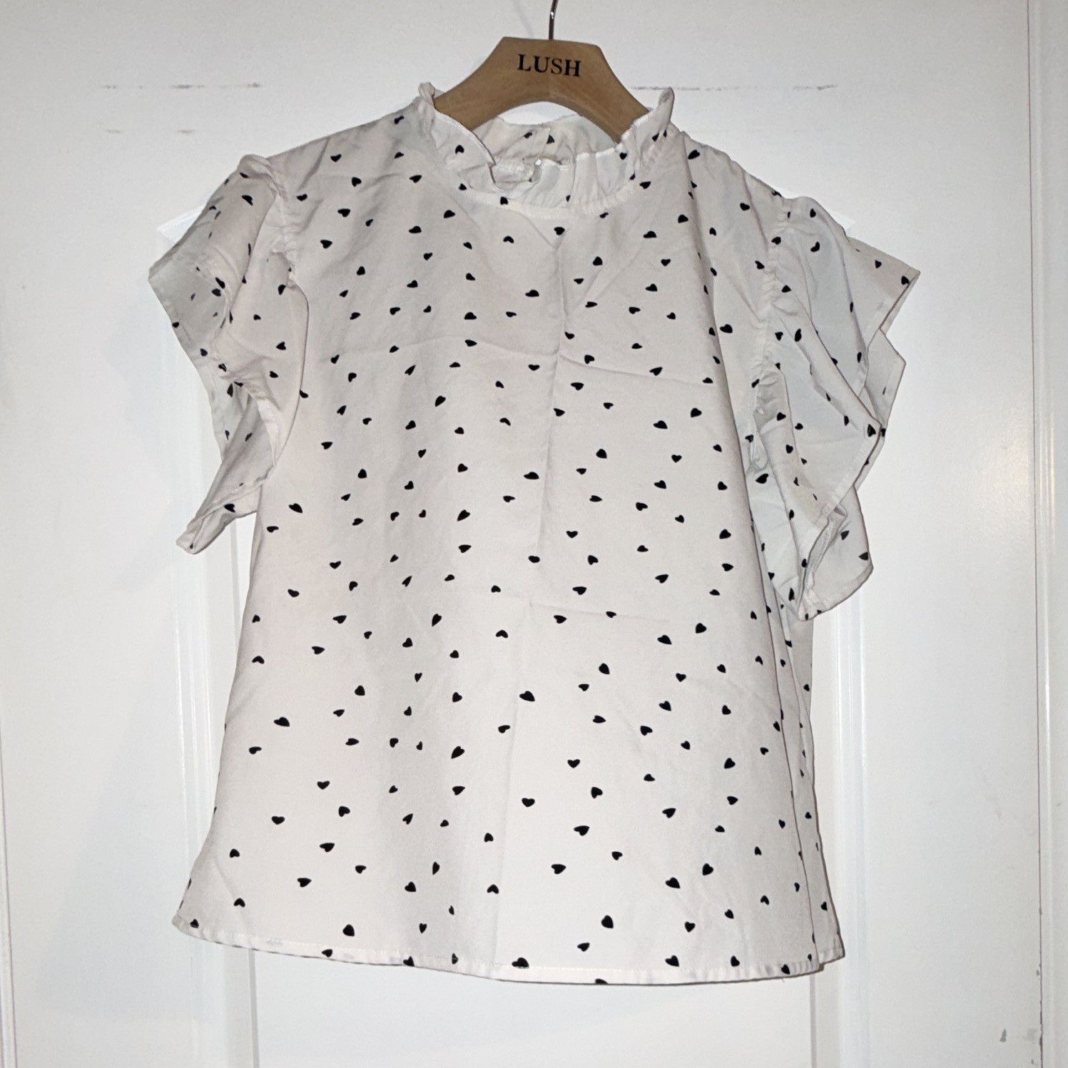 Shein Women’s White/Black Heart Print High Neck Ruffle Short Sleeve Blouse S