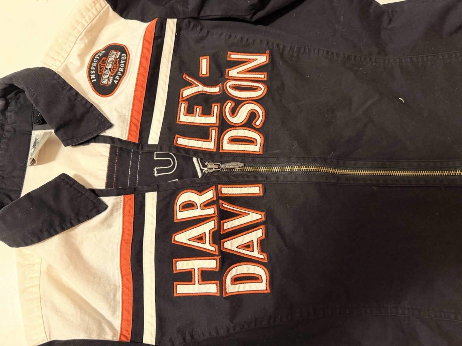 Harley-Davidson Genuine Motorclothes Zip-Up Jacket L Navy/White/Orange Patch