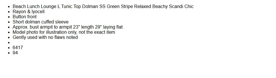 Beach Lunch Lounge L Tunic Top Dolman SS Green Stripe Relaxed Beachy Scandi Chic