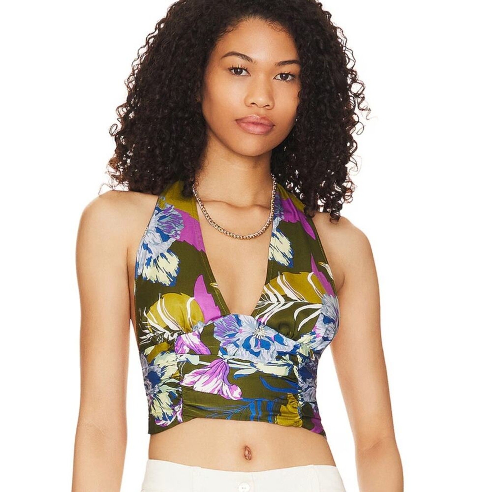 Free People Seraphina Boho Tropical Vacation Crop halter top Olive Combo Large