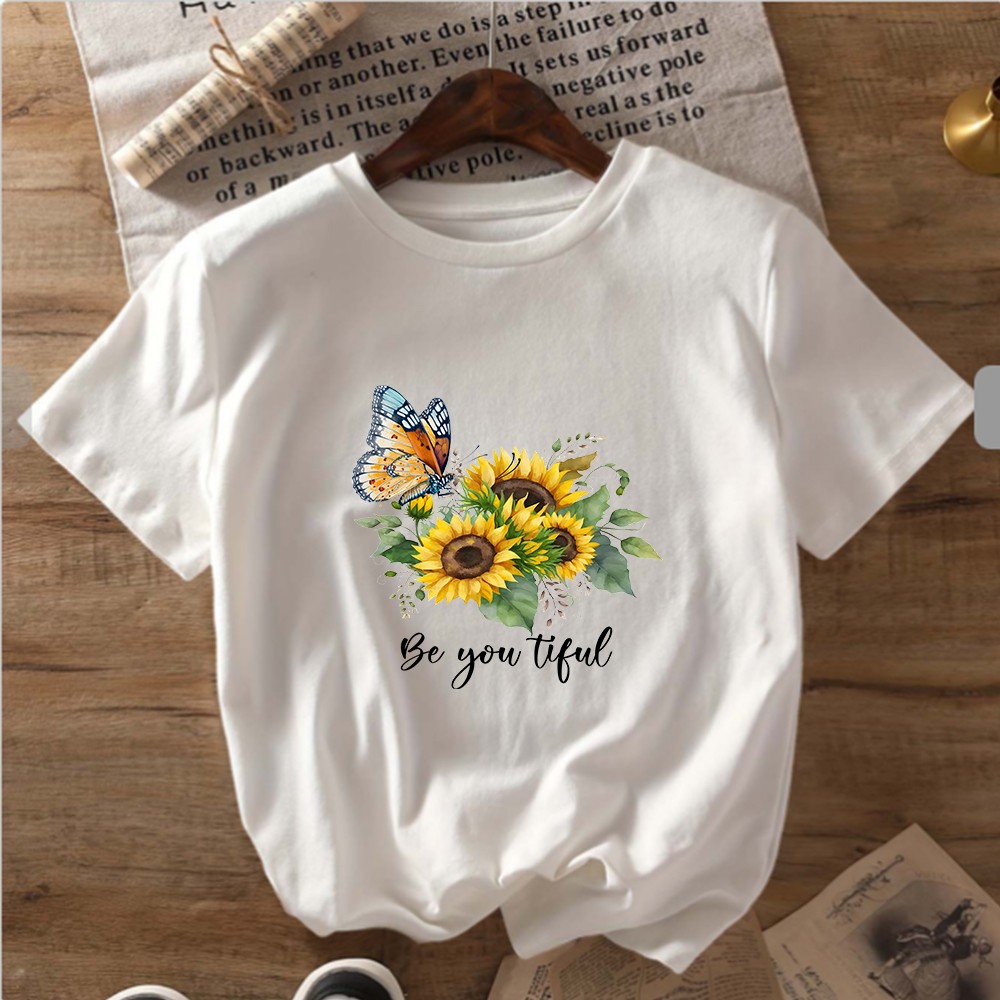 Floral Sunflower Butterfly Be You Tiful Quote T-Shirt Casual Sleeve Tee