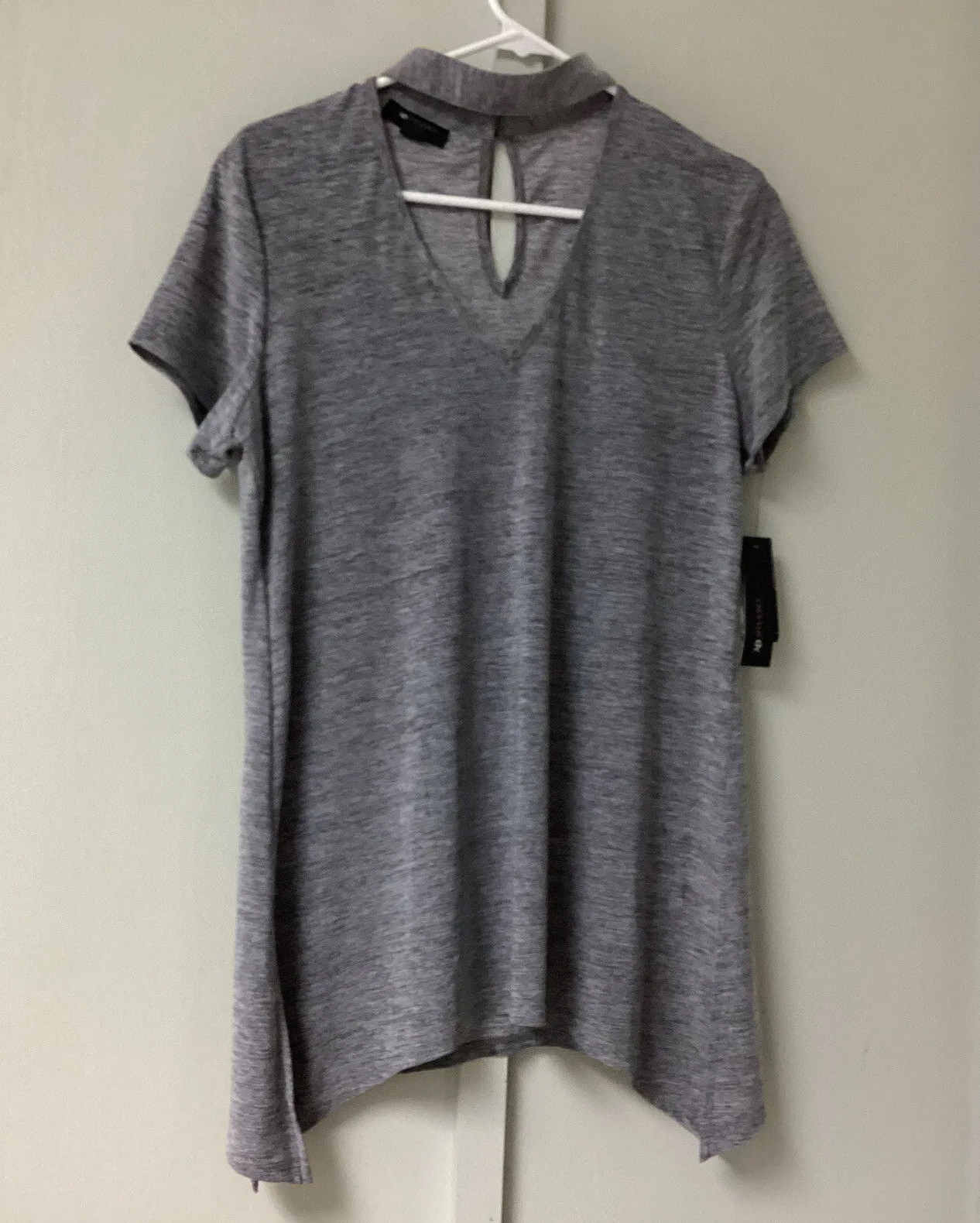 NWT AB Studio Women’s Size Medium Blouse Top Chocker Neckline Silver Gray Short