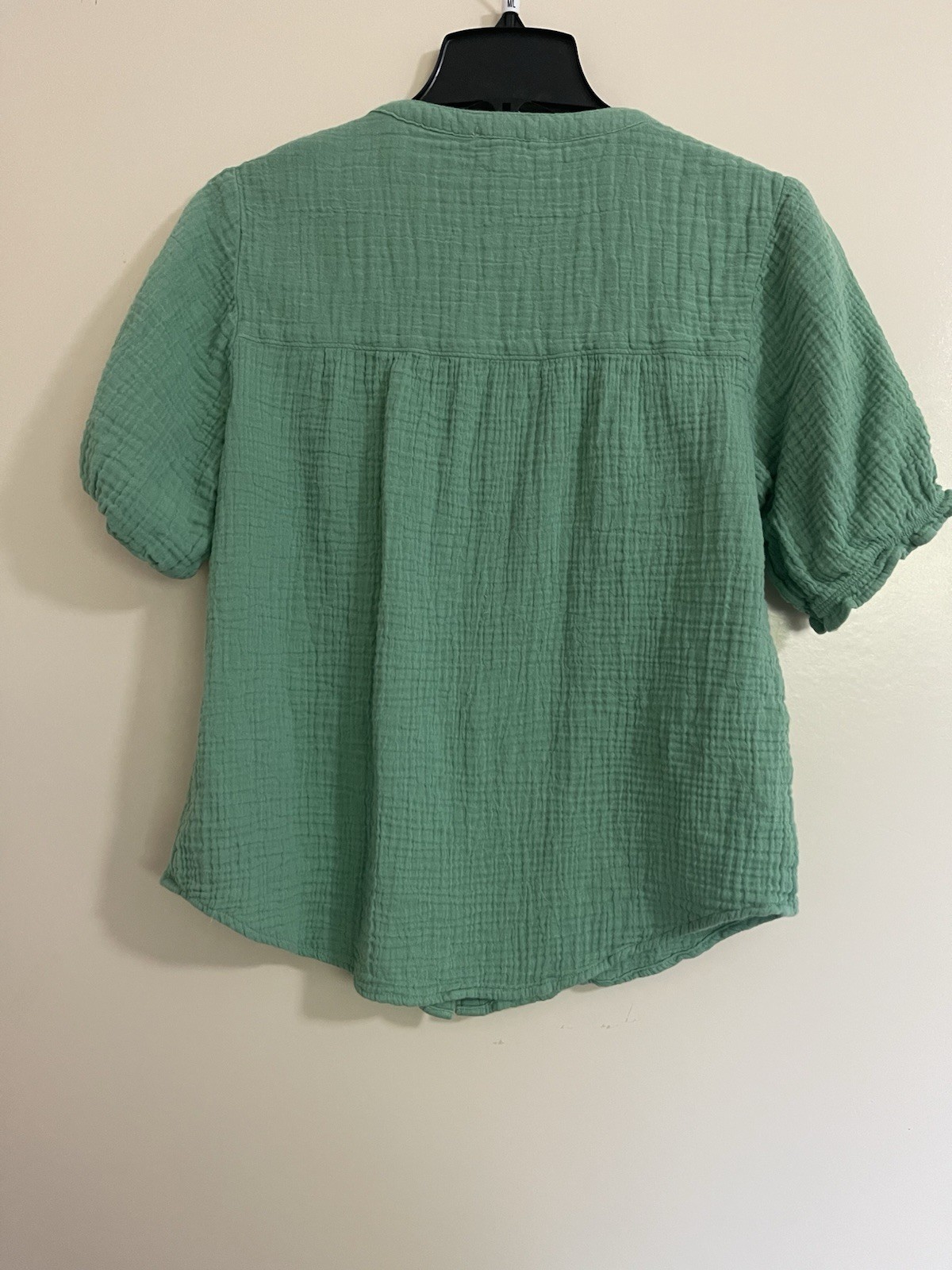 Beach Lunch Lounge Short Sleeve Ribbed Quilted Button Top Blouse Green Sz XS