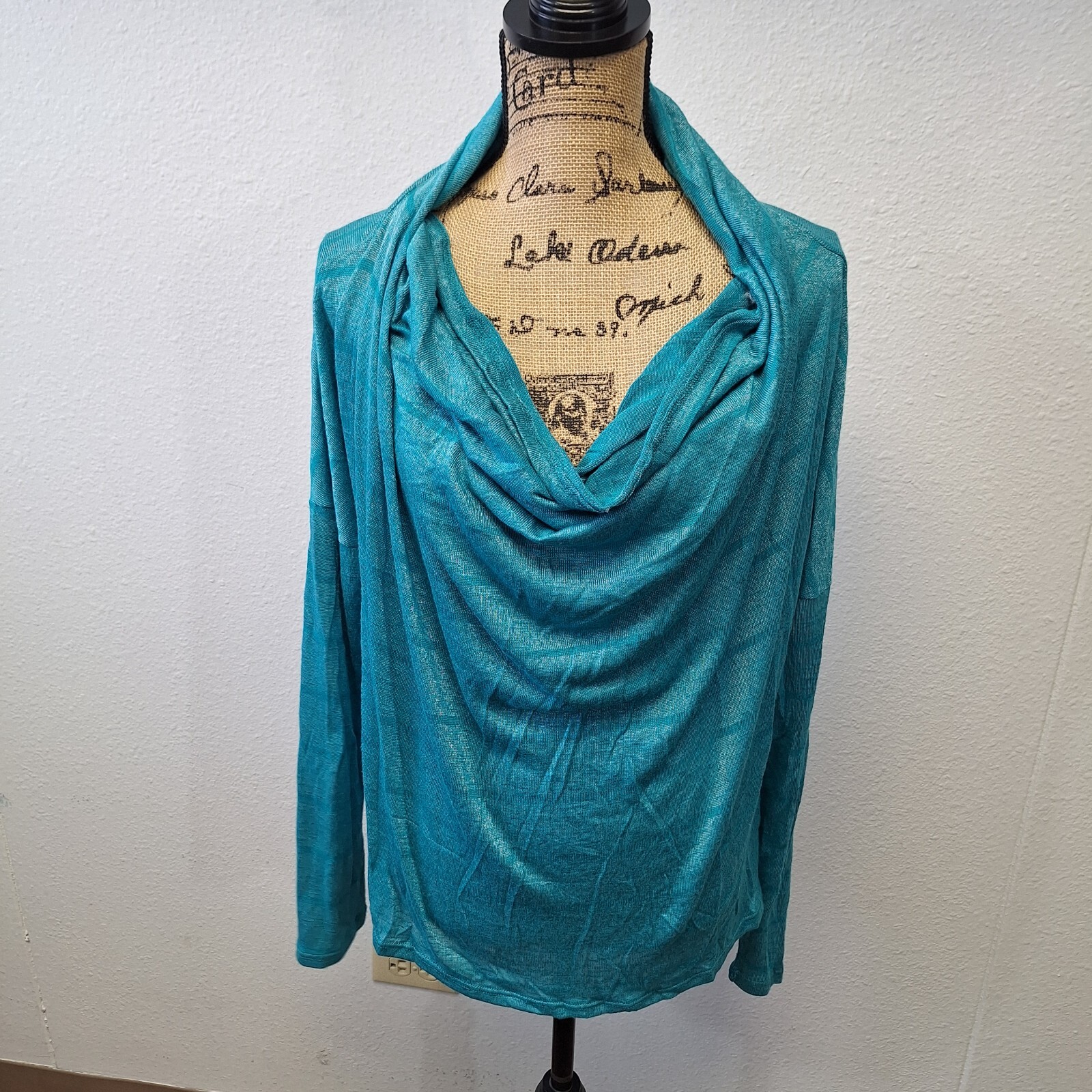 Sun & Moon Plunged Draped Top Stretch Long Sleeve Blue Green Women’s Size XL