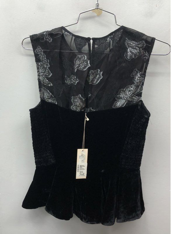 Rebecca Taylor Women’s Black Silver Velvet Organza Floral Peplum Top Sz 2 NWT