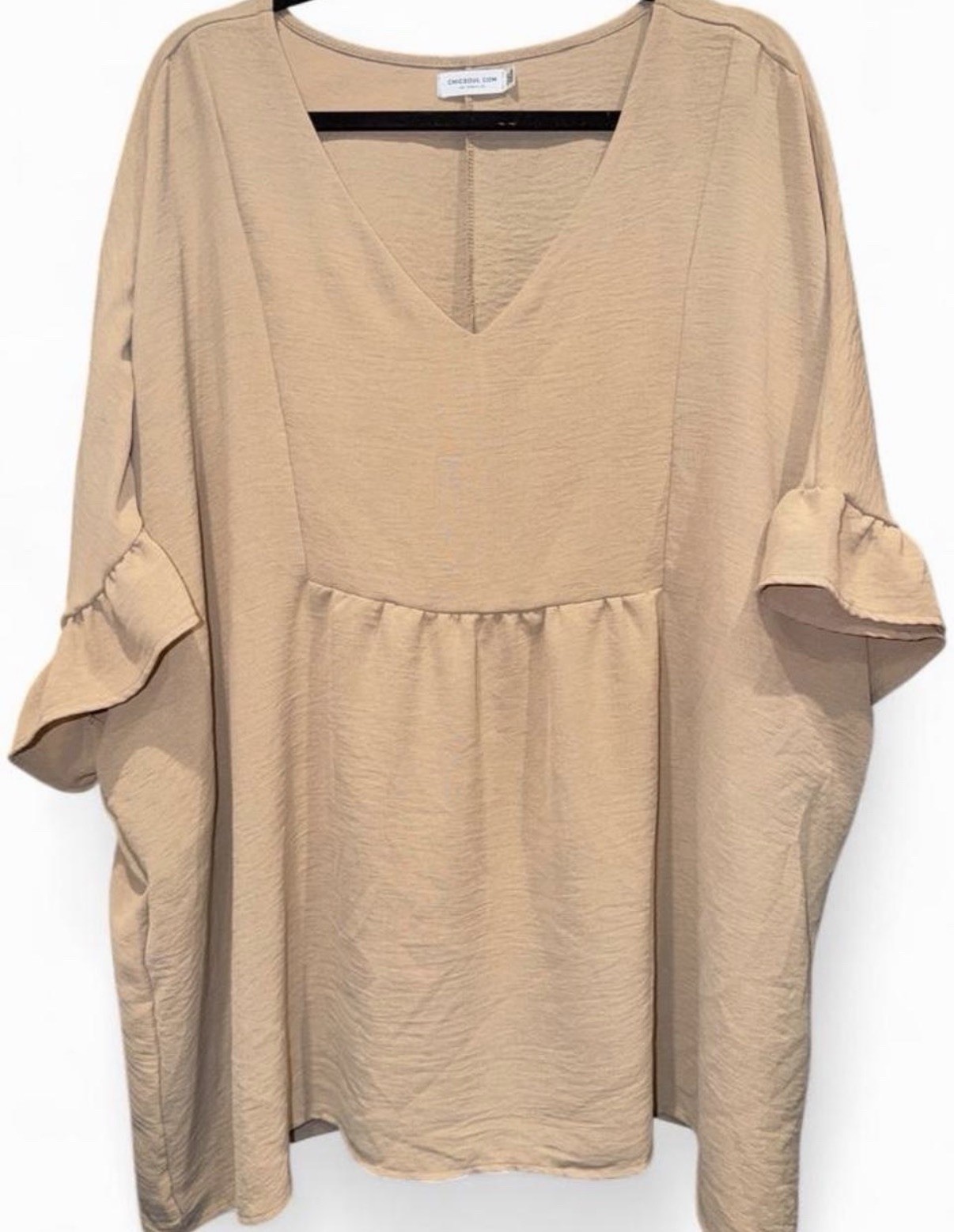 Chic Soul Women’s Plus 3XL Beige Solid V-Neck Ruffle 3/4 Sleeve Blouse