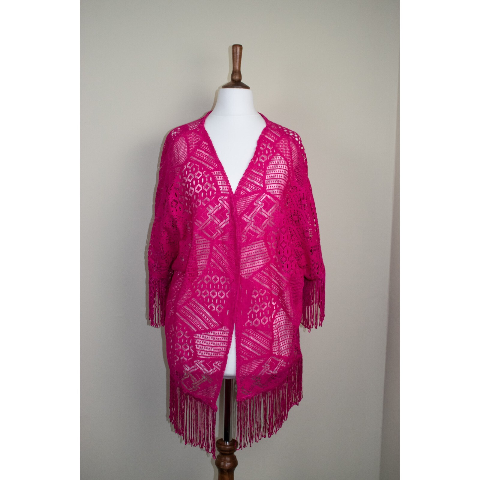 Pink Cover Up Kimono Tasselled Crochet Cotton Shawl BNWT Size M 16 18