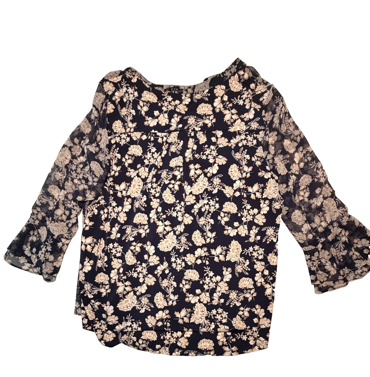Charter Club Women’s Large Navy Blue Floral Sheer Blouse 3/4 Bell Sleeve Top