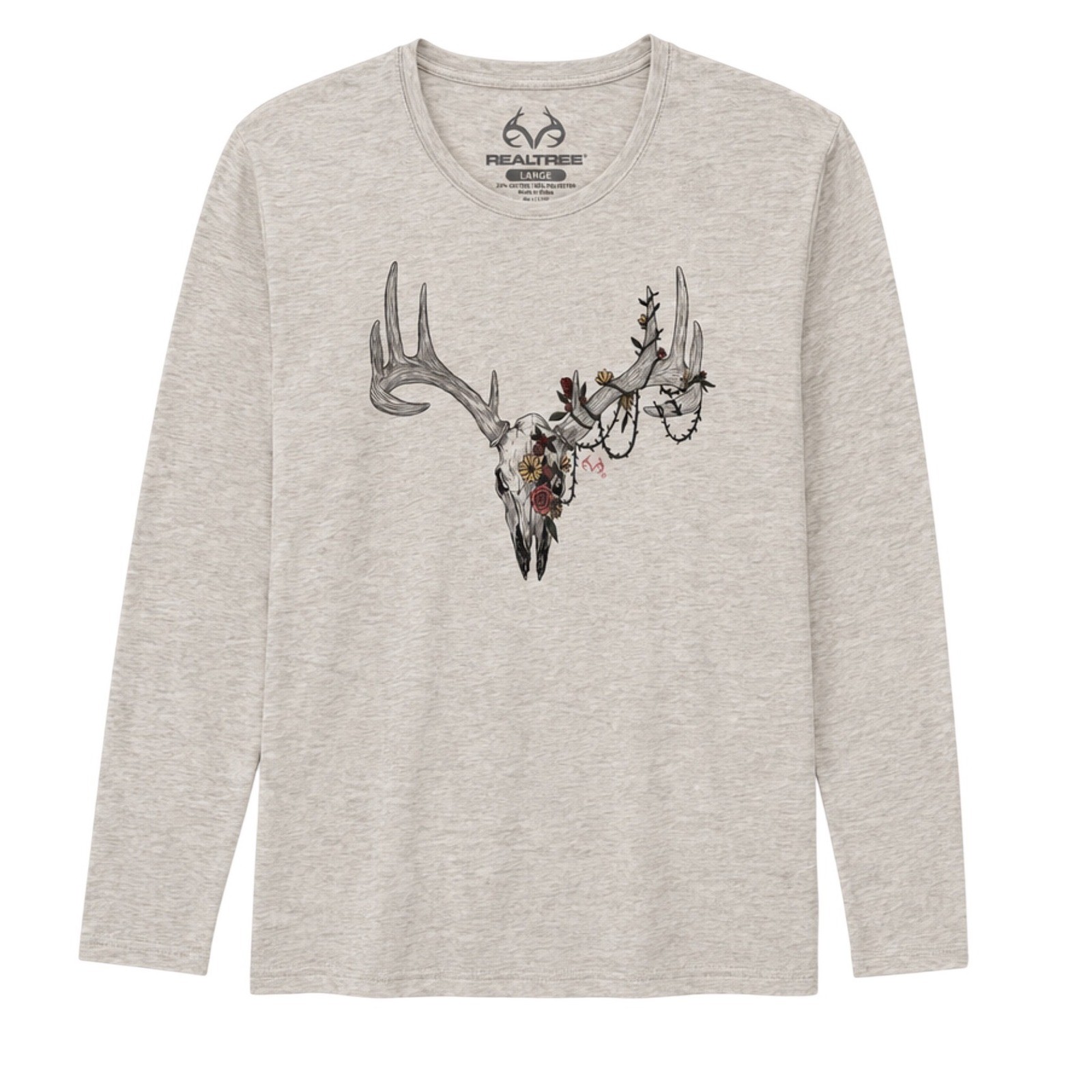 Realtree Womens Long Sleeve Graphic Tee Oatmeal Heather Deer Skull Floral Large