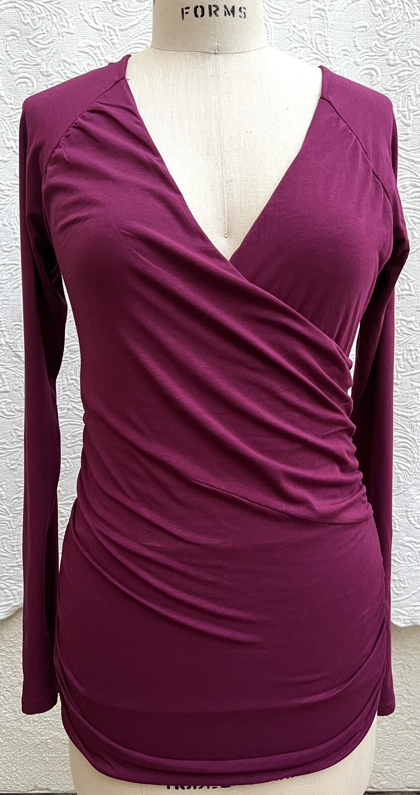 Garnet Hill Maroon Blouson Mock Wrap Jersey Knit Top Blouse Women’s Sz Small
