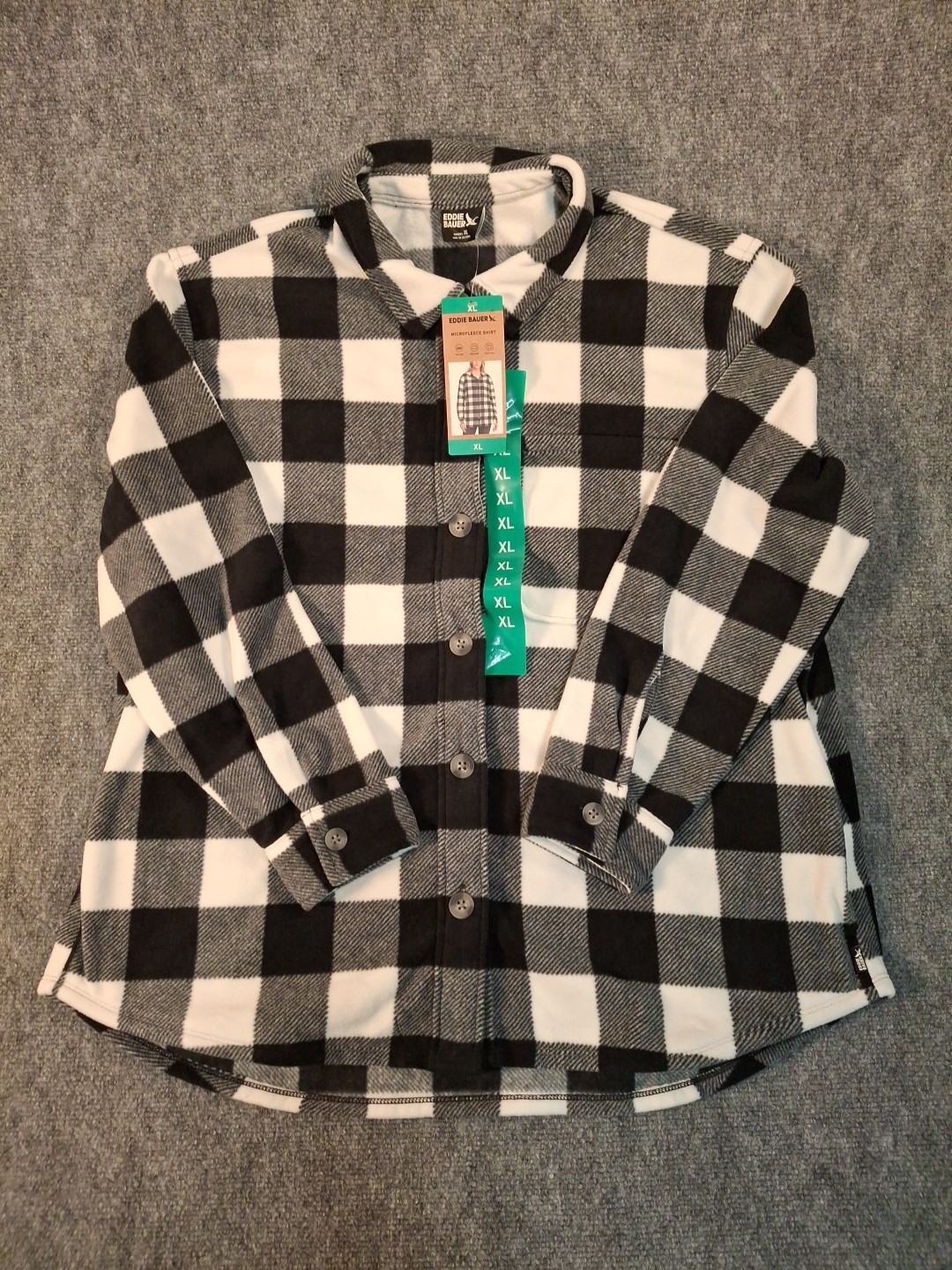 Eddie Bauer Women’s Microfleece Button Up Flannel Shacket, Black Plaid, XL, New