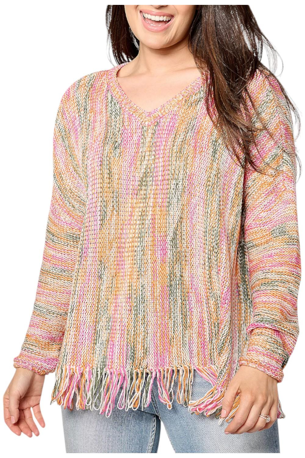 Denim & Co. Women’s Drop Shoulder Fringe Hem Pullover Pink Multi