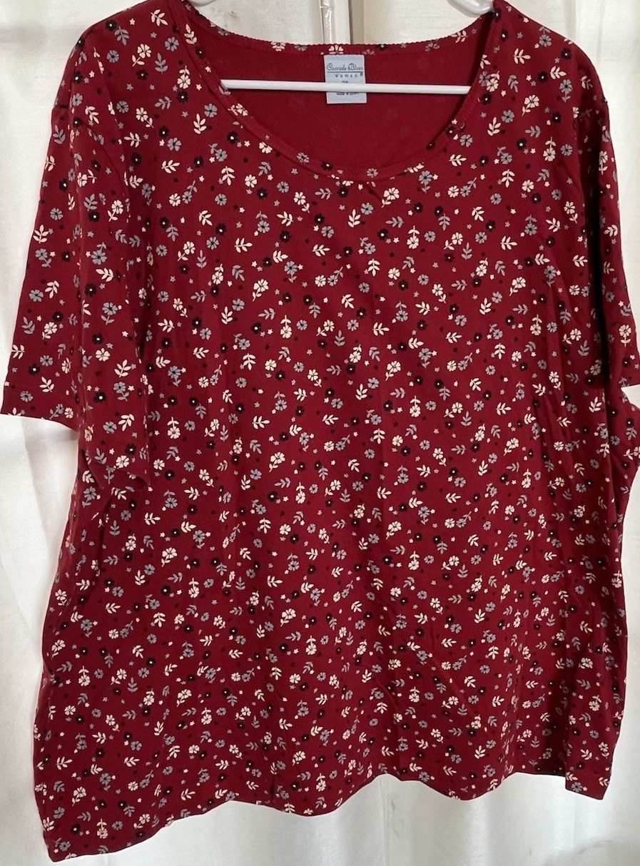 Cascade Blues Women’s Flowery Top Red Size 3X Short Sleeve 100% Cotton NWT