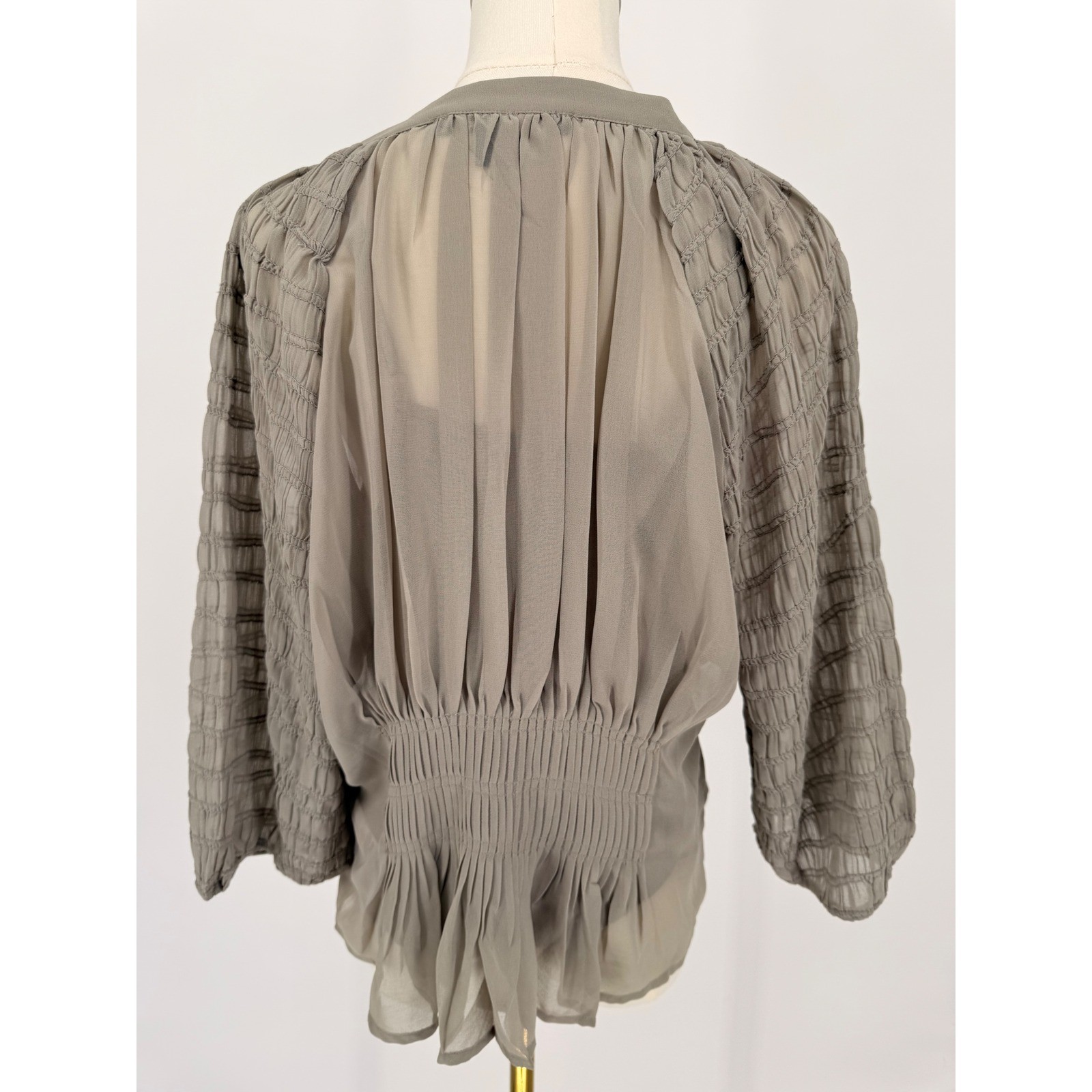 French Connection Elegant Gray Sheer Peplum Blouse Smocked Sleeve V Neck