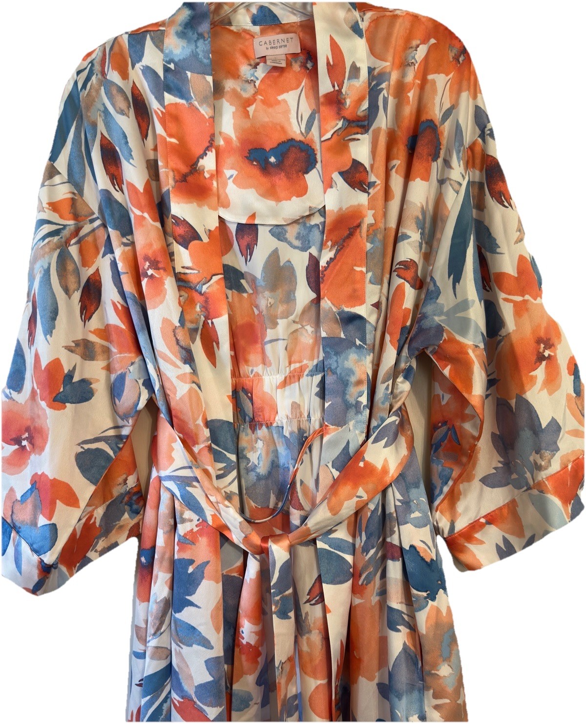 Cabernet Kimono Robe Long Orange / While Floral Tie Waist Sz Elegant House Coat