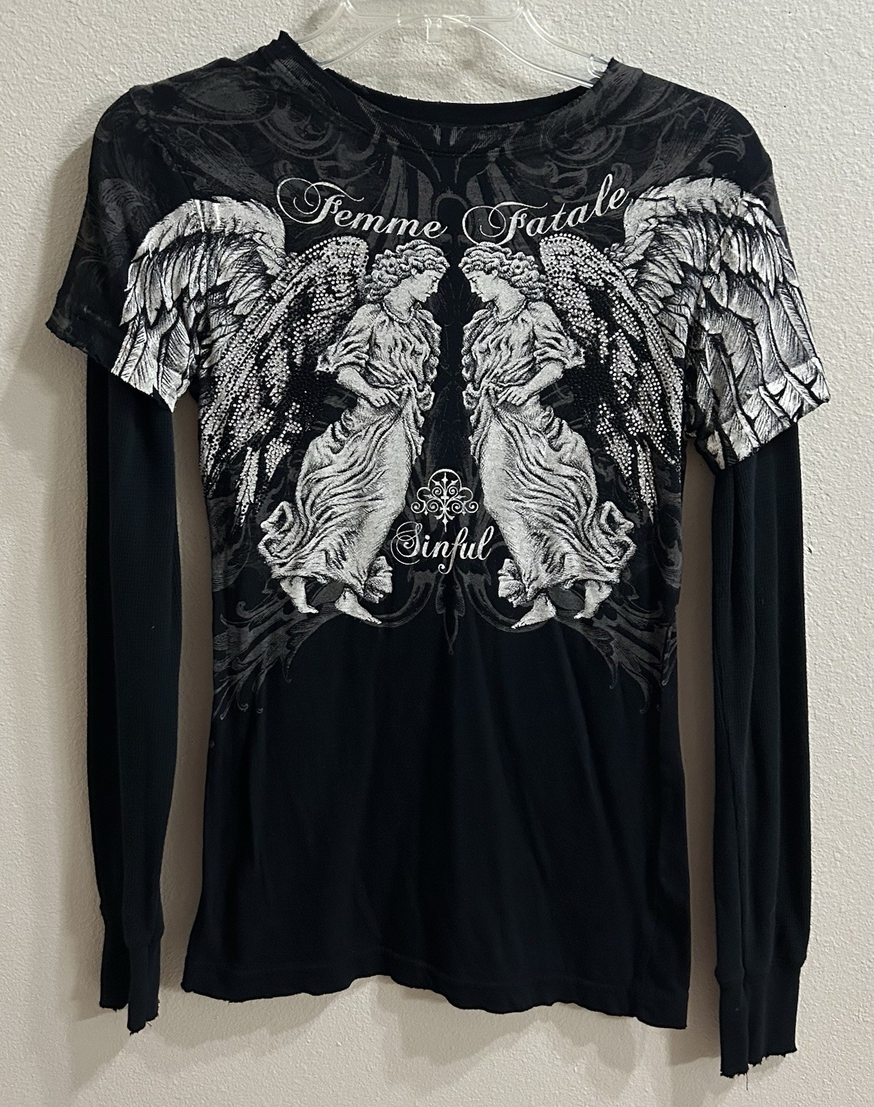 Sinful By Affliction Y2K Double Layered Thermal Shirt Size S Rhinestone Grunge