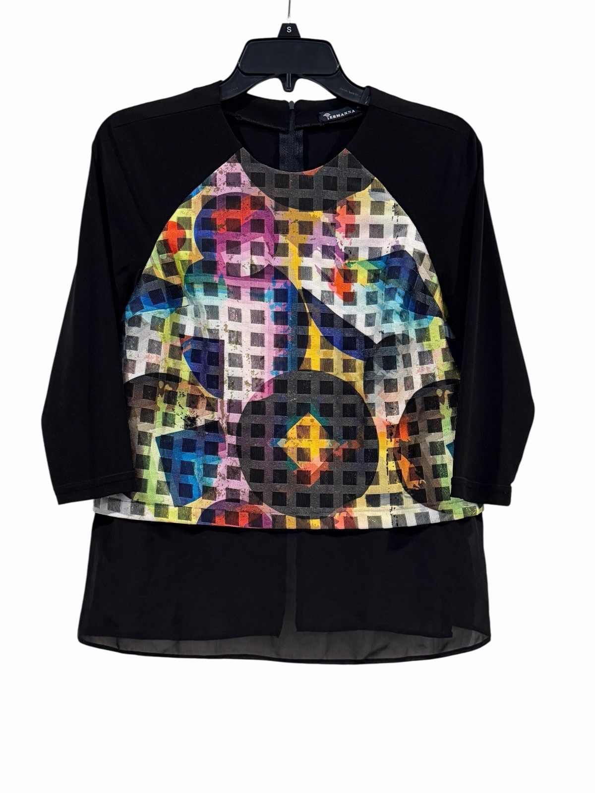 Ermanna Black Top W/ Multicolor Geometric Panel Women’s Size 42 Art To Wear