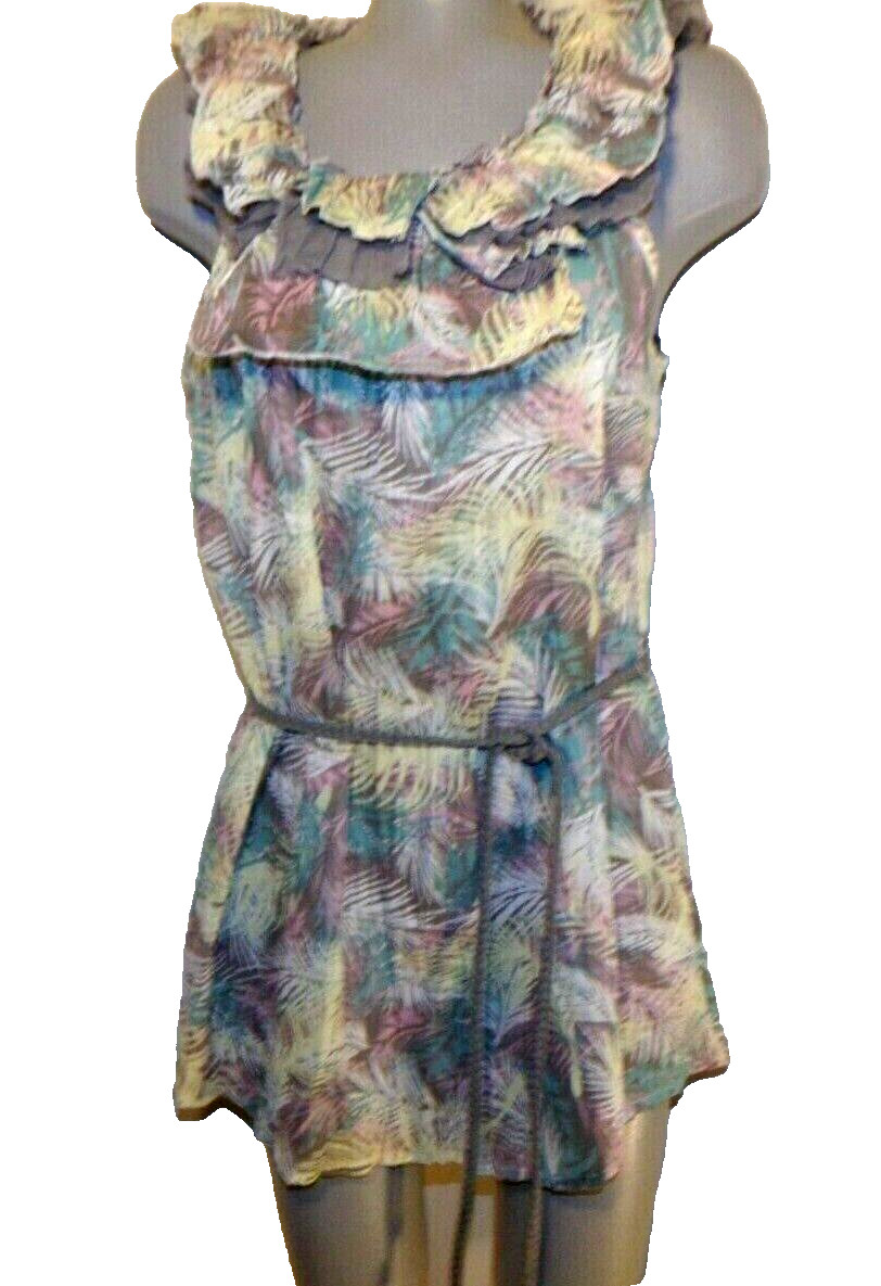 NWT, A’REVE Ivory/Pink/Teal/Grey Tunic Top, Size Medium, Ruffle Neck Sleeveless