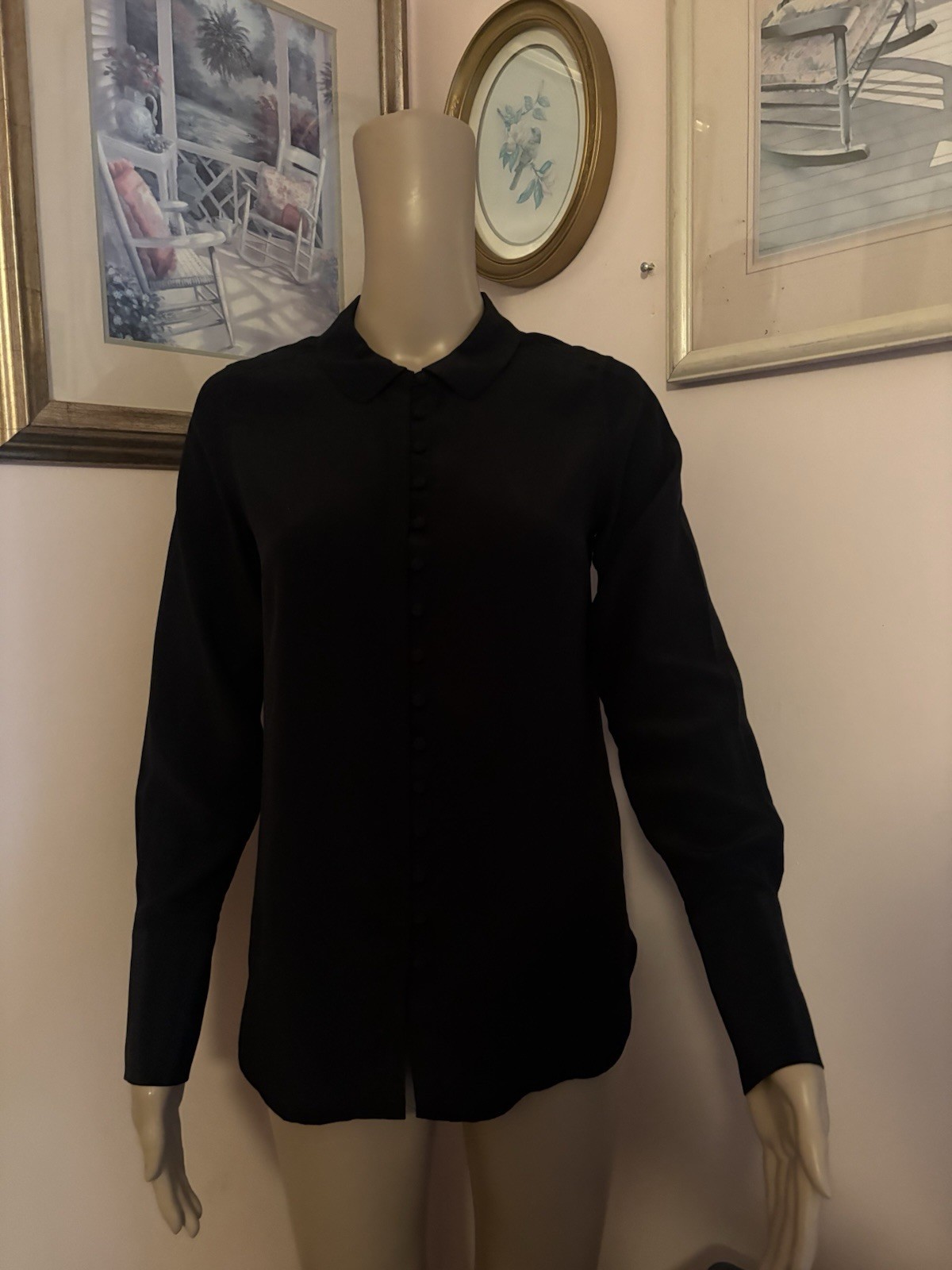 Boden 100% Silk Shirt Blouse Long Sleeve Womens Size 2 Black Button Front