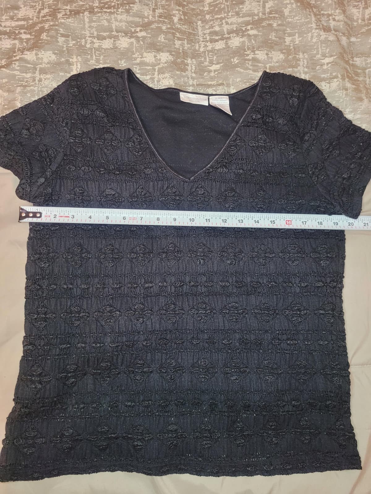 Worthington Stretch Black Lace Textured V-Neck Short Sleeve Blouse Top Cami XL