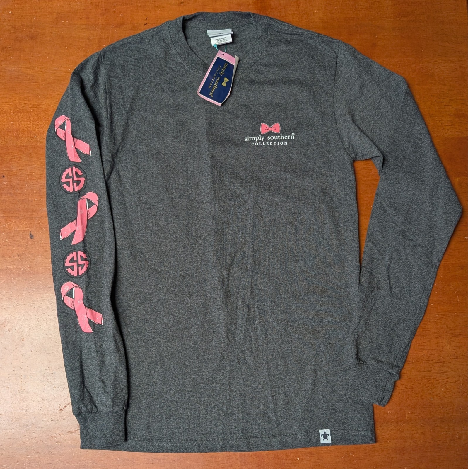 Simply Southern Womens NWT Long Sleeve T-shirt Dark Gray Pink Ribbon Size S New