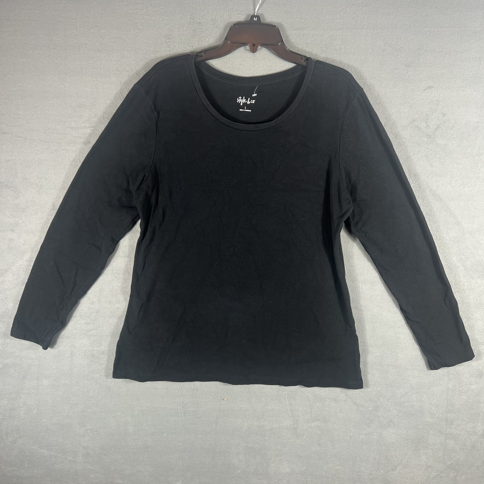 Style & Co Women’s Black Long Sleeve Ribbed Crew Neck T-Shirt Top Size L