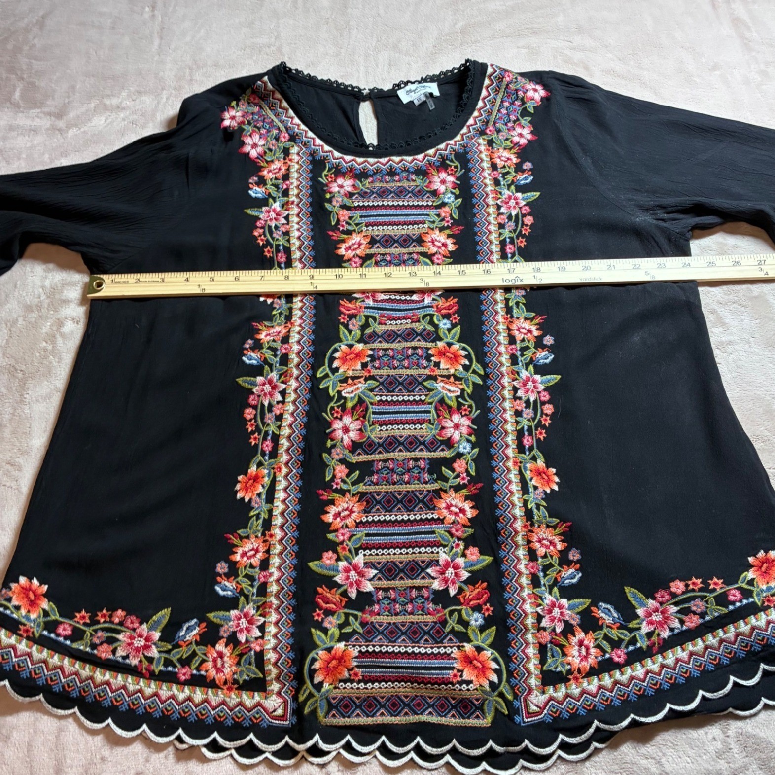 Angel Heart Boutique Black Embroidered Boho Floral Linen Blend Top Blouse Sz 1X