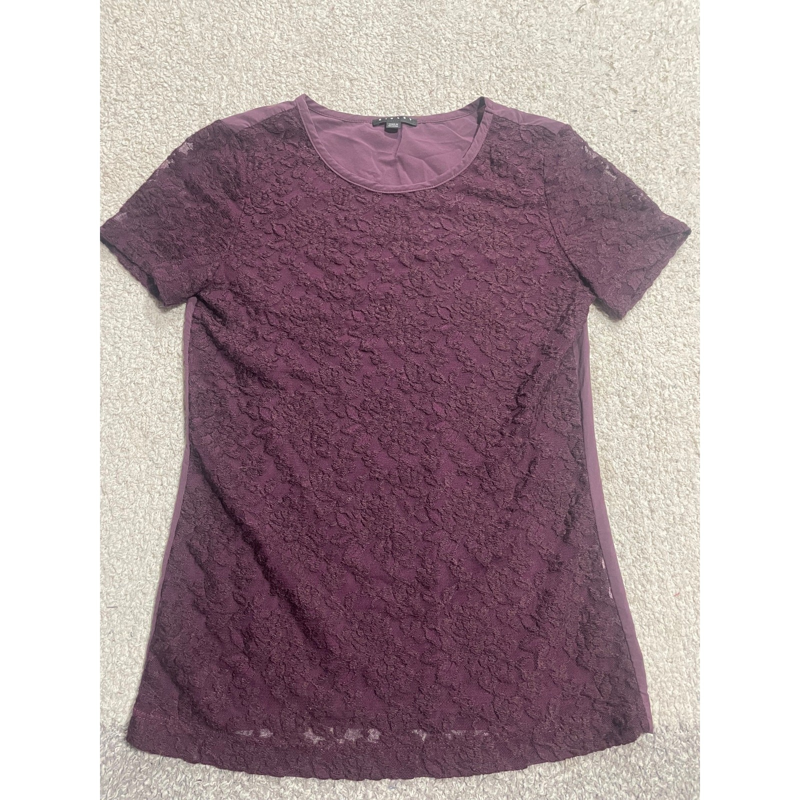 Sisley Short Sleeve Shirt Women’s Size Small Lace Egglant Purple Made in Romania