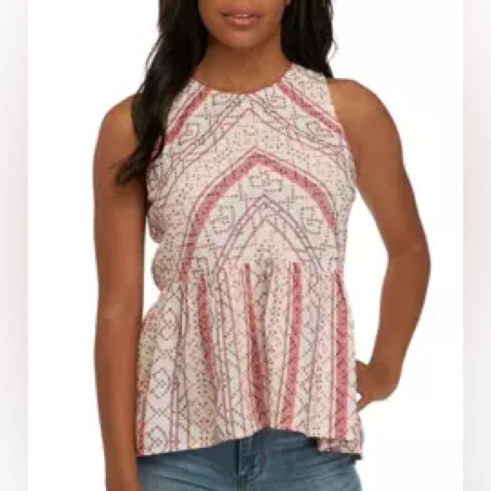 True Craft Juniors Red Geometric Chevron Print Sleeveless Peplum Top XL Cotton