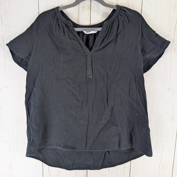 Sonoma Size Large Black Split V Neck Cotton Short Sleeve Casual Womens Top