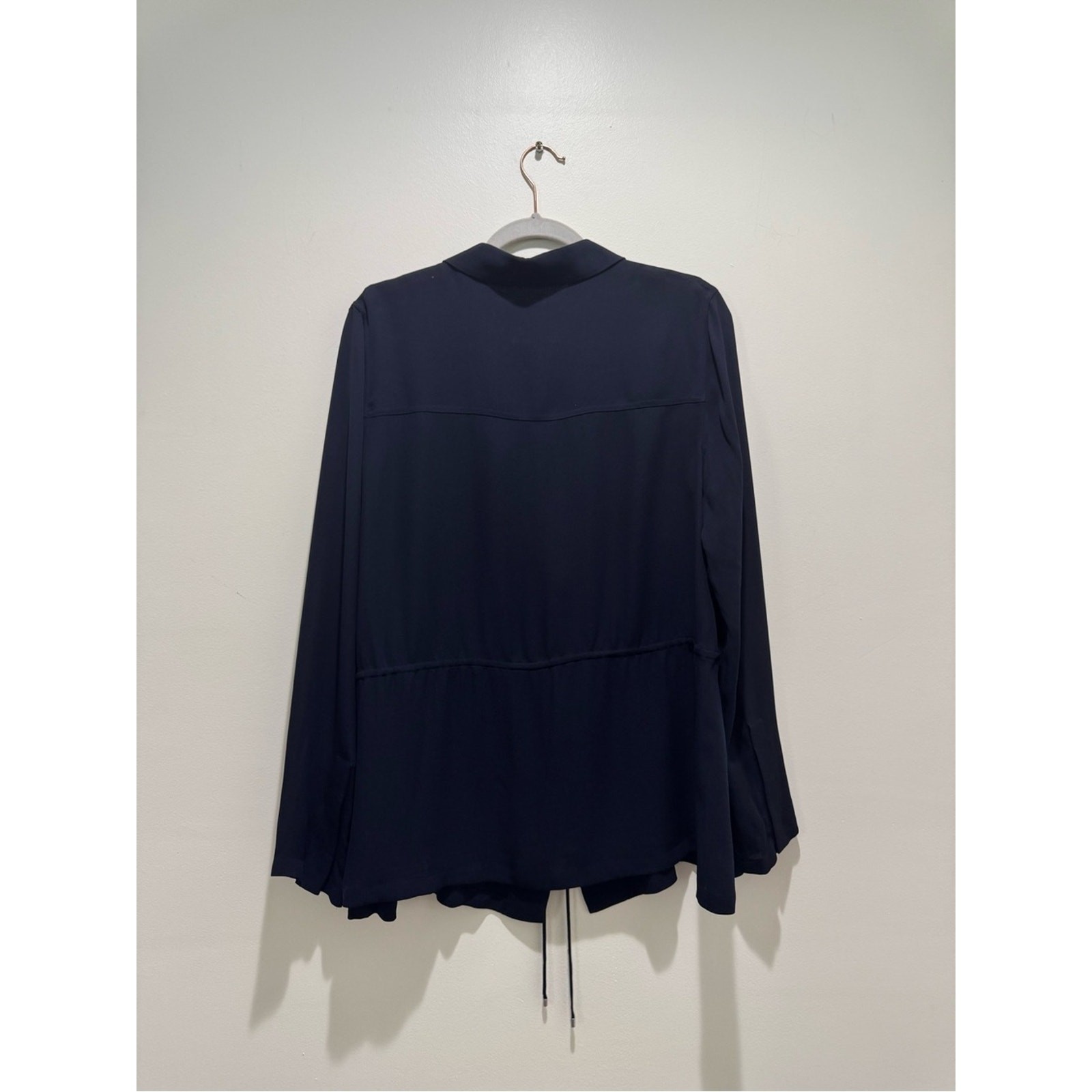 Theory Navy Silk Utility Pocket Tie Waist Blouse Top Size L