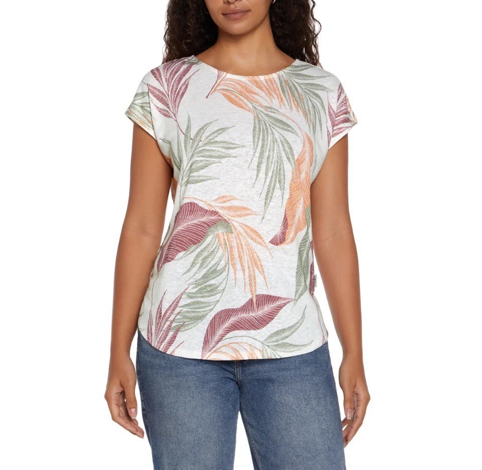 Orvis Women’s Linen Blend Short Sleeve Top, Tropical Leaves, Small, Relaxed Fit