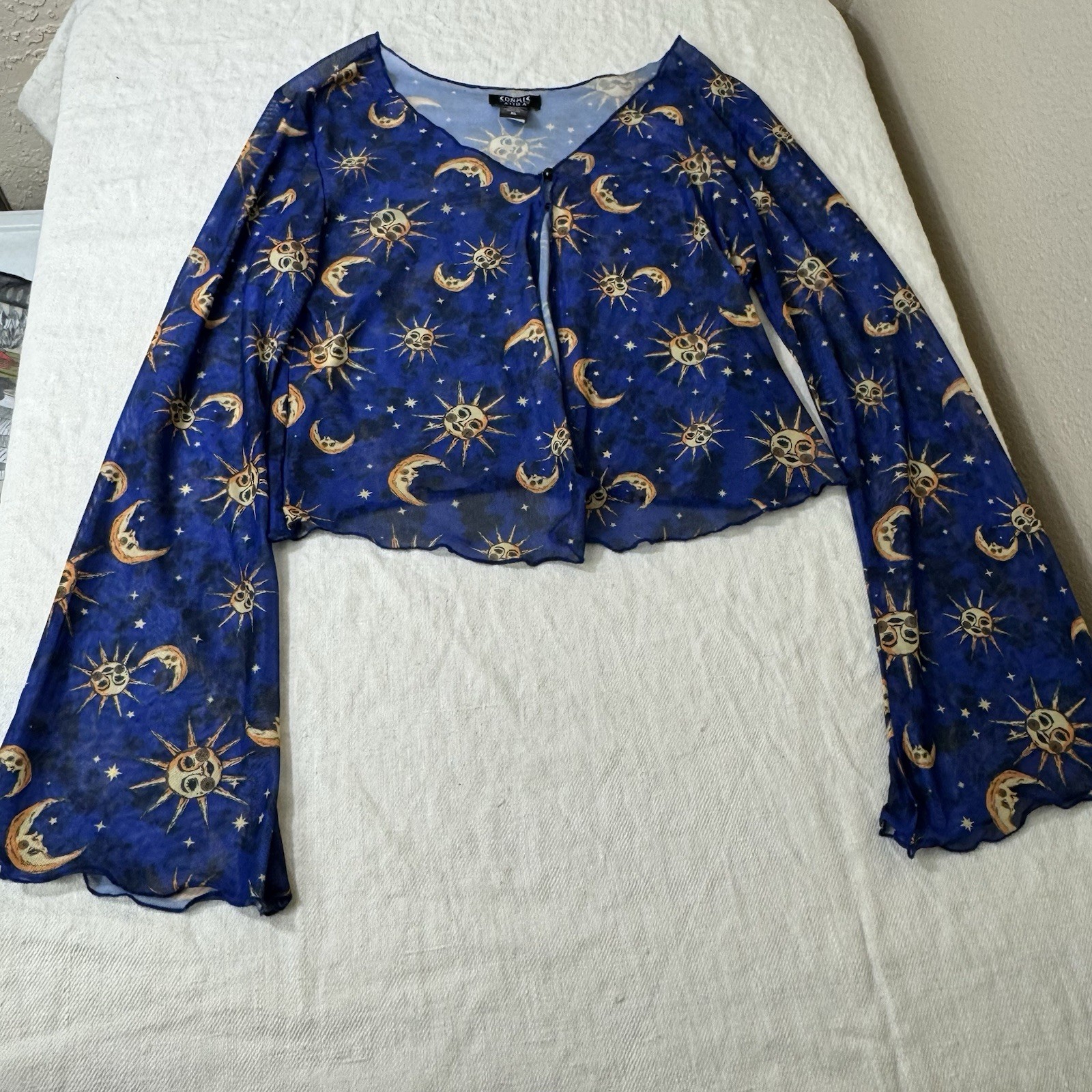 Celestial Y2K Mesh Whimsigoth Top Womens XL Sun Moon Stars Flare Sleeve Sheer
