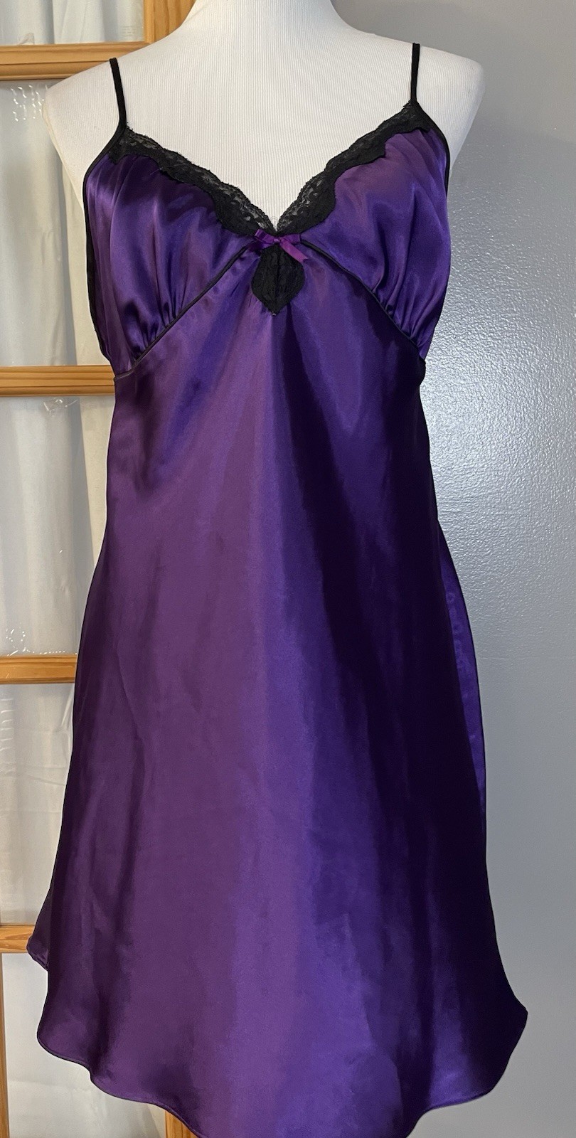 80s Maidenform Babydoll Cami Dress Sz L Purple Satin Coquette Back Tie Lace Trim