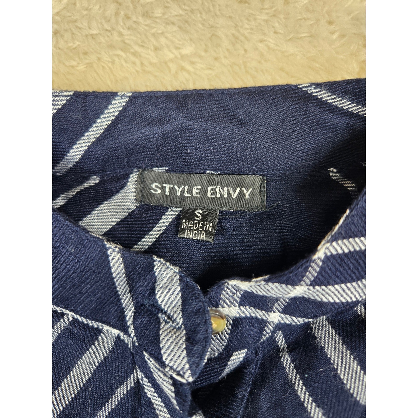 Style Envy Navy White Plaid Button Front Ruffle Peplum Blouse Shirt Women’s S
