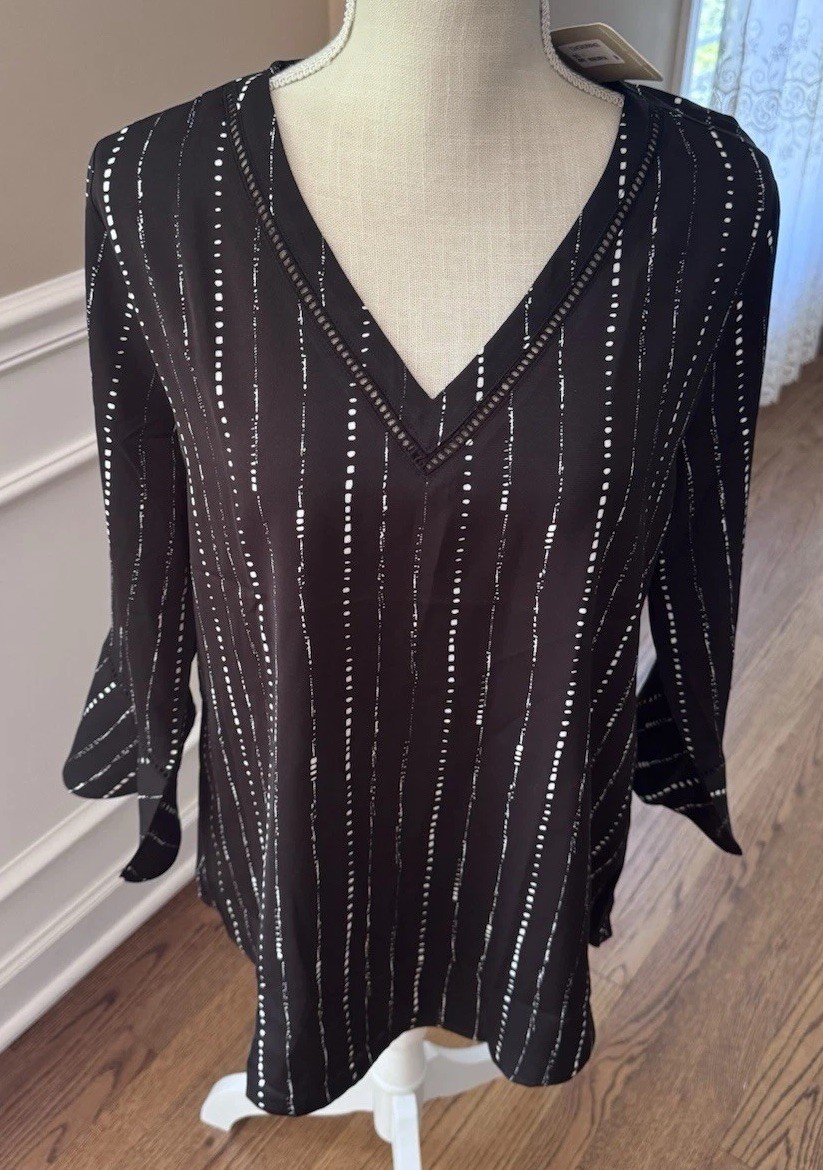 Timeson Wmn Black White Dotted Stripe V-Neck Bell Sleeve Blouse Top Medium NWT