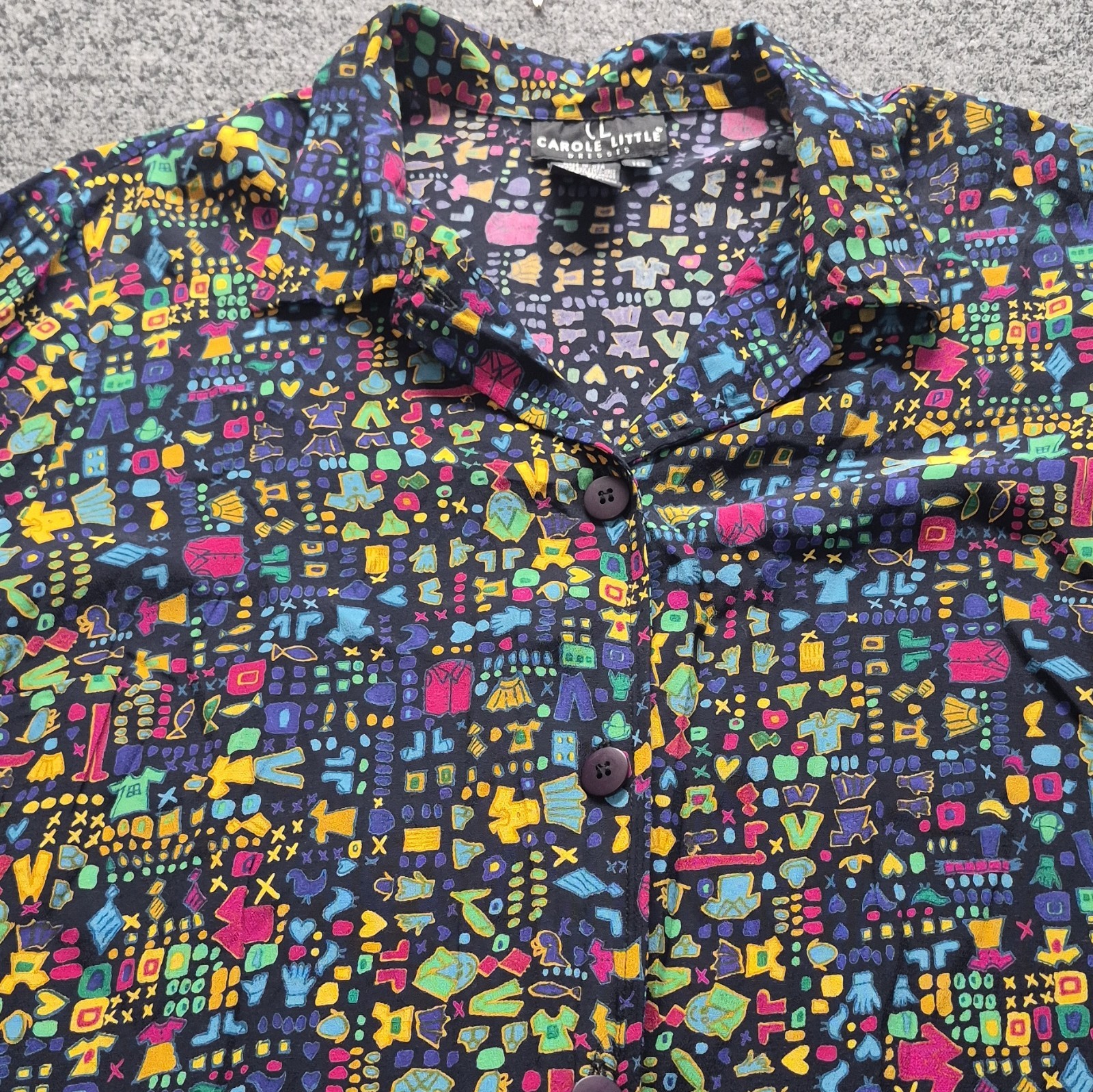 Carole Little Women’s 16 Black/Multicolor Collared SS Button-Down Blouse