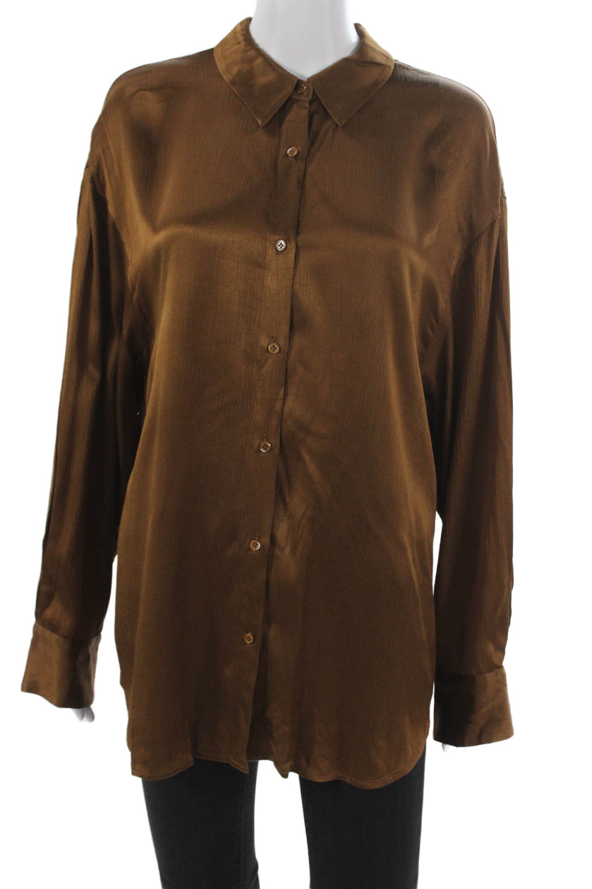 Sophie Rue Womens Basic Collared Viscose Button Up Top Brown Long Sleeve Size M