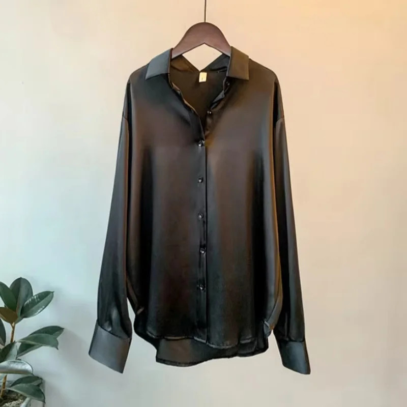 Office Lady Long Sleeve blouse Women Autumn 2025 Overshirt Satin Femal Clothing