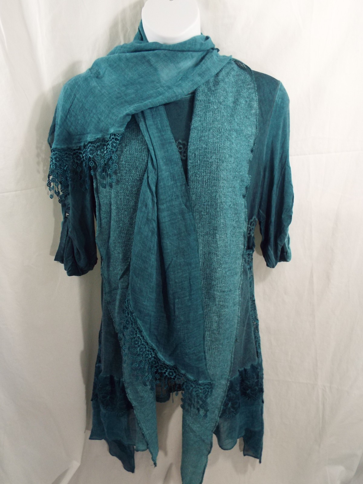 3 Piece Blouse Vest Scarf Hand Dyed Set in Teal by Fantazia Size XL