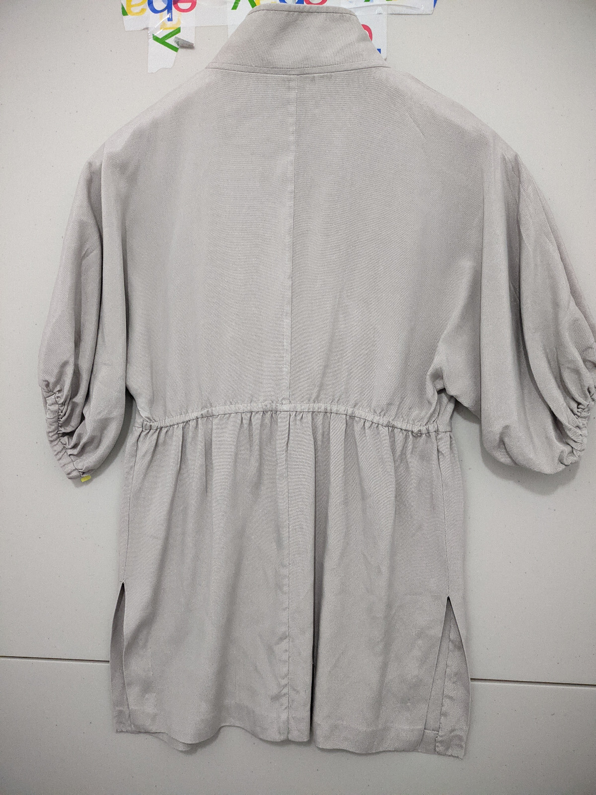Shanghai Tang Top Womens 8 Gray Blouse Popover 100% Silk Faux Button Collar Slit