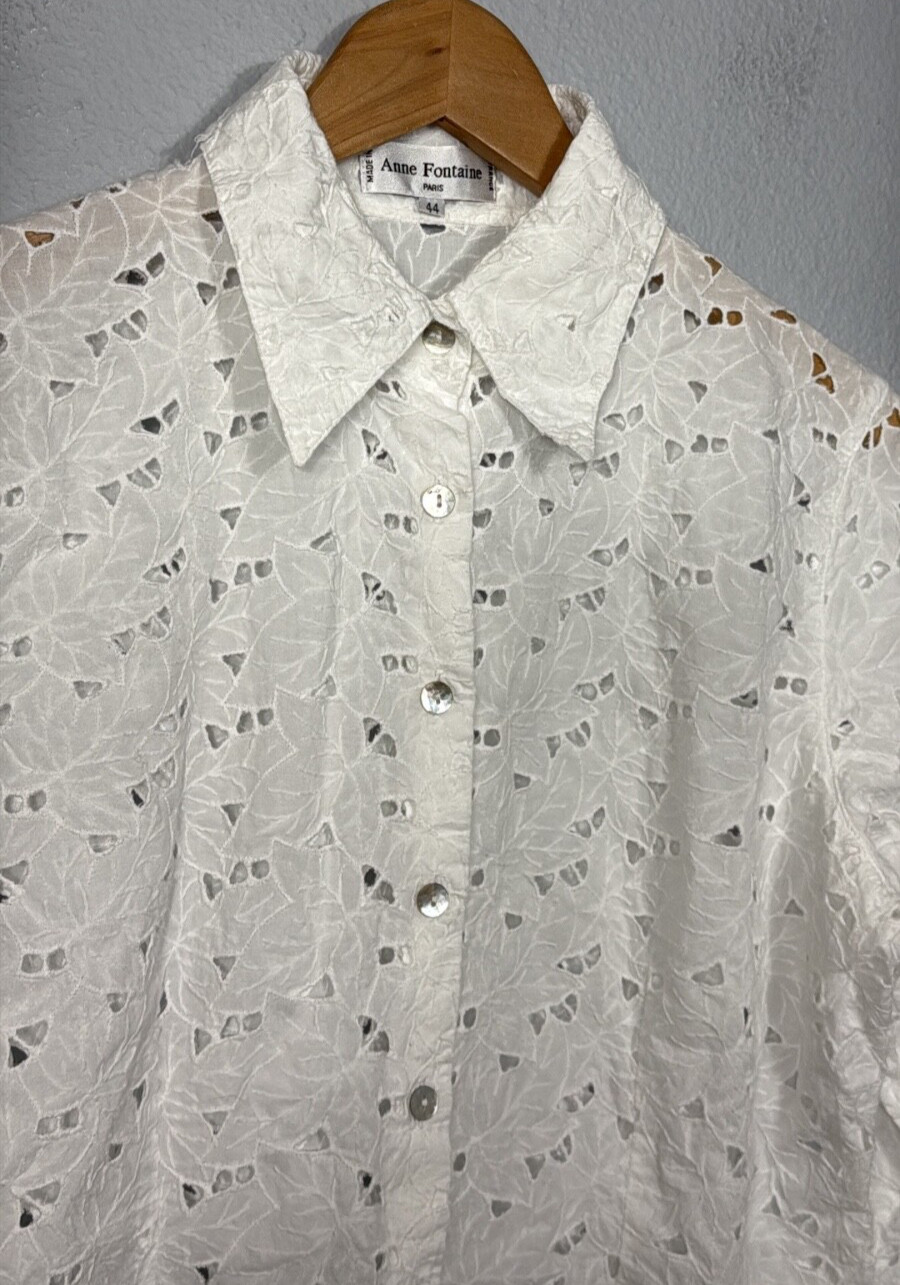 Anne Fontaine Women’s White Eyelet Floral Button-Up Shirt EU 40 US 12 Feminine