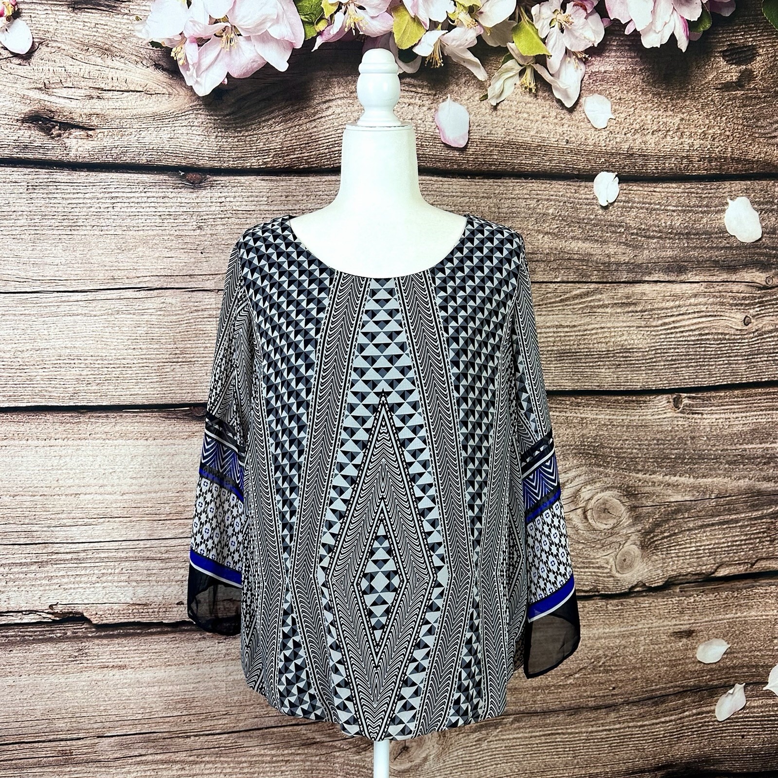 Alyx Women’s Black Blue Boho Abstract Geo Pattern Wide Sleeve Blouse Tunic
