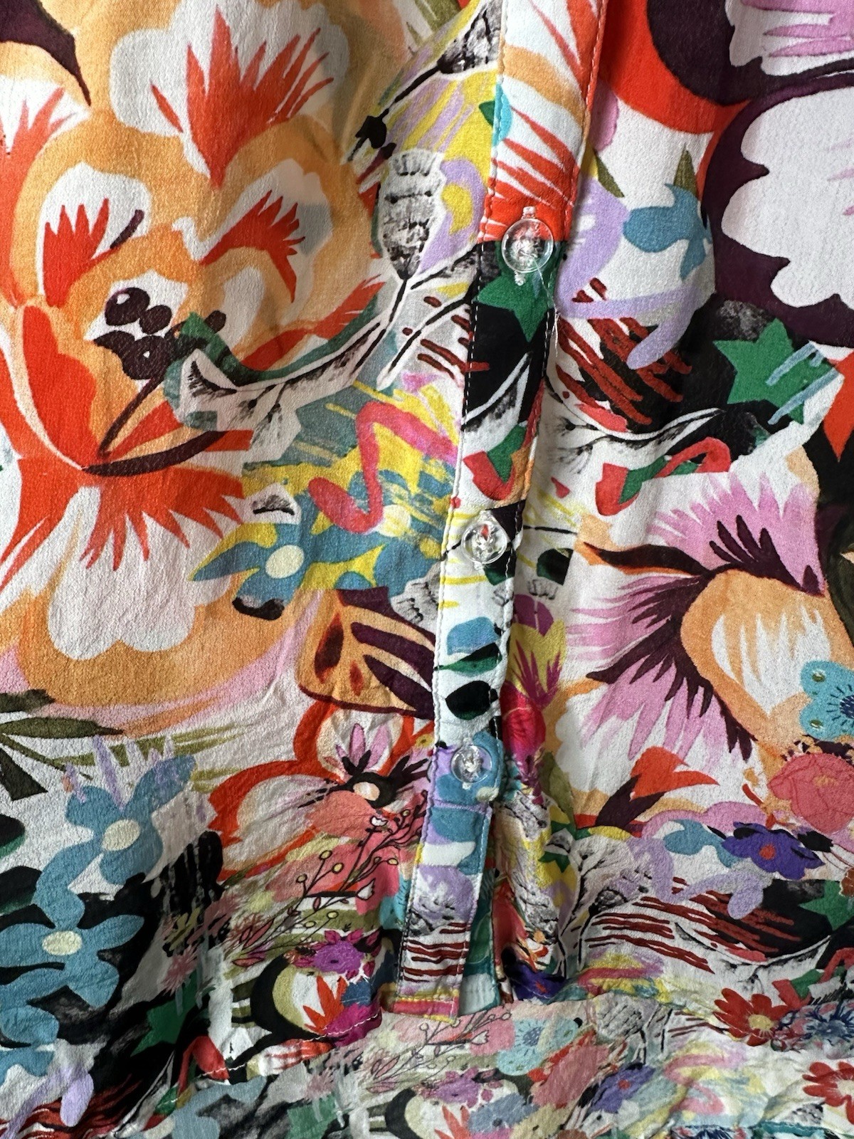 Shana Tropical Floral Top Size Medium High Low Hem Bell Sleeves Ladder Lace Trim