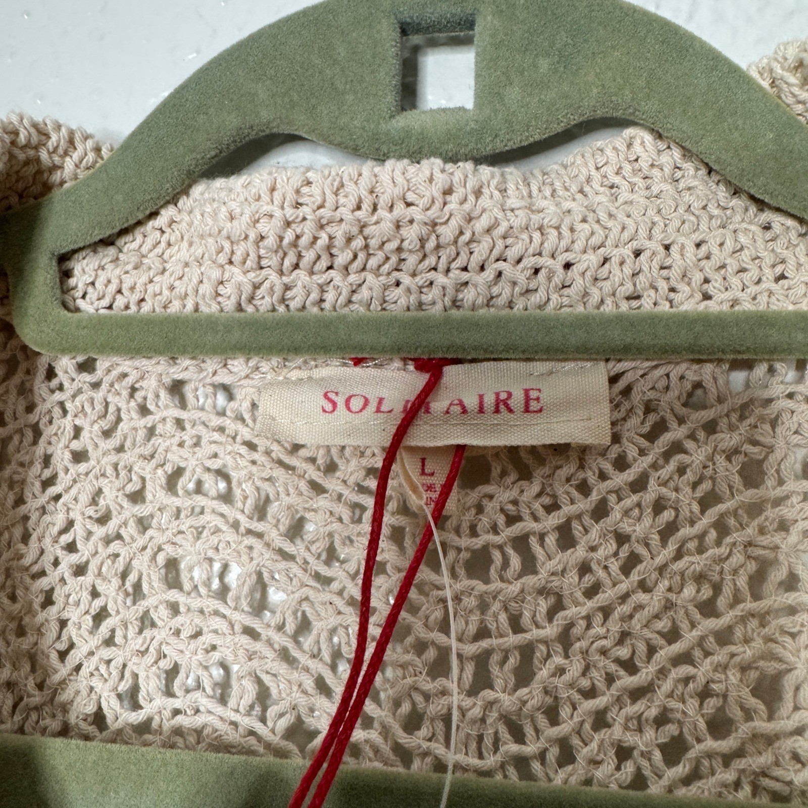 Solitaire Crochet Knit Polo Top Beige Red Chevron Scalloped Hem Womens Large NEW